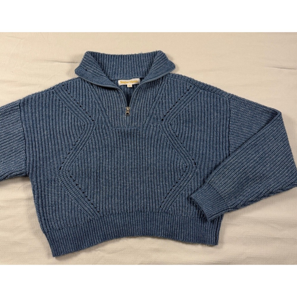 Sugar Moon Blue Ribbed Quarter Zip Cropped Knit Sweater Size M Pointelle Detail